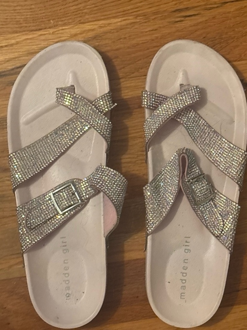 Madden Girl Iridescent Pink Crystal Buckle Slide Sandals